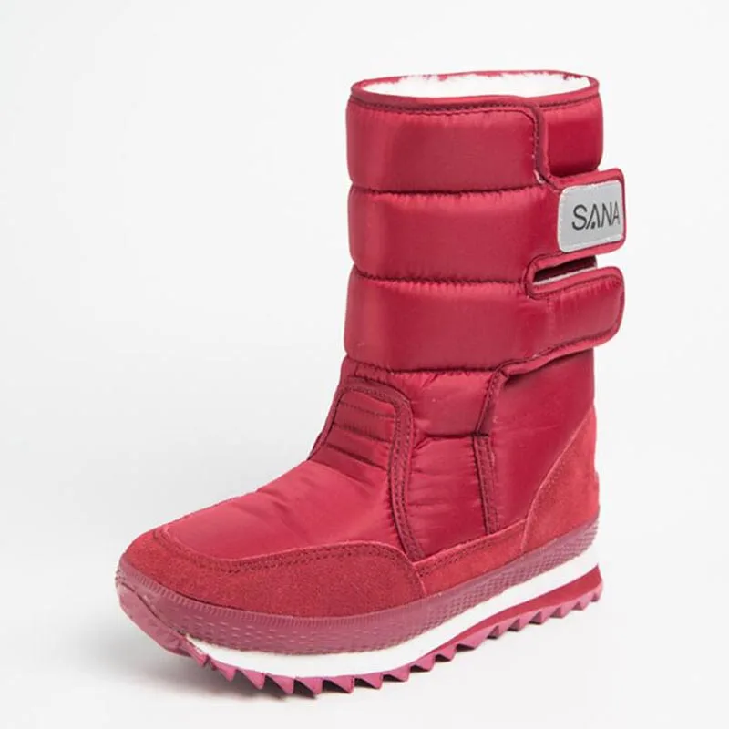 Женские зимние ботинки; модель года; водонепроницаемые женские ботинки; ботинки до середины икры на застежке-липучке; женская зимняя обувь из толстого плюша; Размеры 35-42 - Цвет: Wine Red