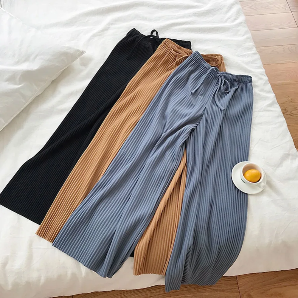 

Hot 2019 Women Loose Wide Leg Pants Summer High Waist New Arrival Solid Trousers Casual Drawstring Summer Autumn Pants