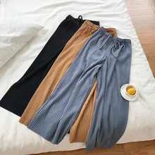¡Novedad de 2019! Pantalones holgados de pierna ancha para mujer, pantalones de verano de cintura alta, pantalones sólidos informales con cordón, pantalones de verano y otoño