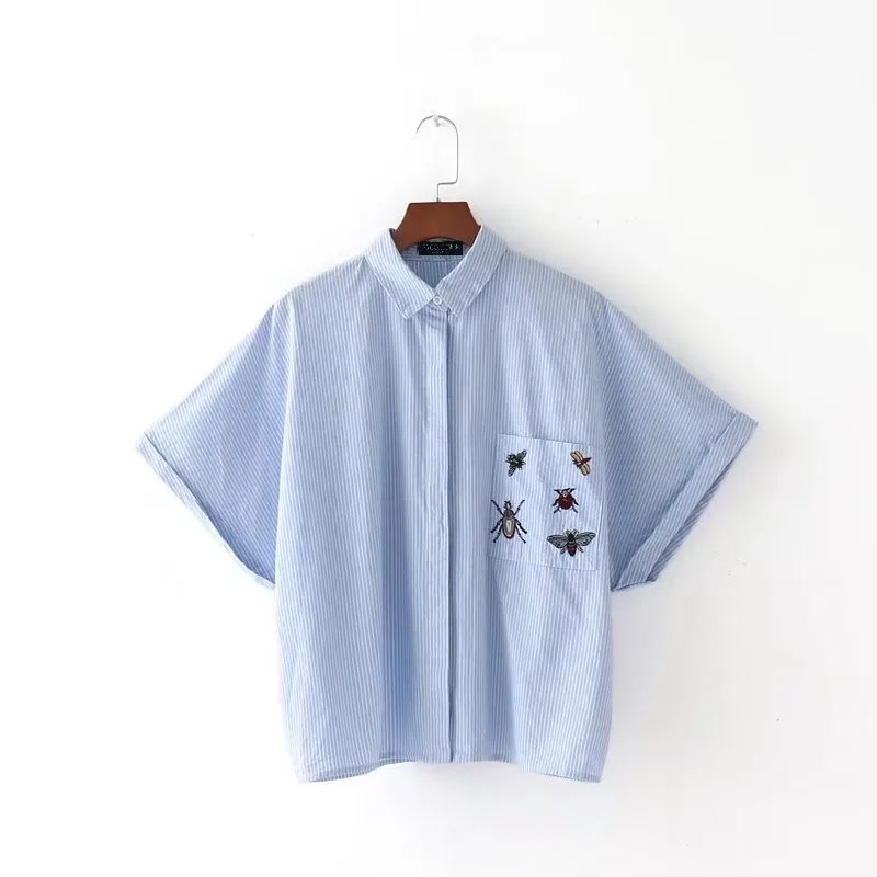 Nsz blusas feminina Для женщин насекомых вышивки блузка летняя рубашка короткий рукав