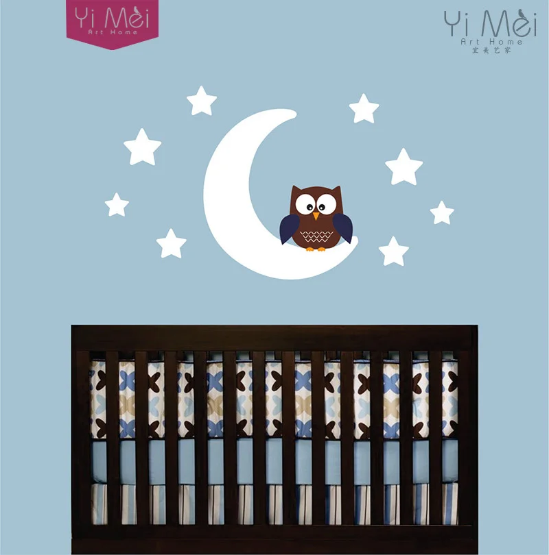 Owl Moon and Stars Childrens Wallpaper Decals Owl and Moon Nursery Wall
