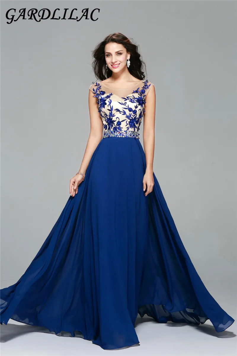 

Gardlilac Chiffon A-line Long Prom Dress 2017 with Applique Blue Prom Dress Backless Formal Party Dress Long party dress