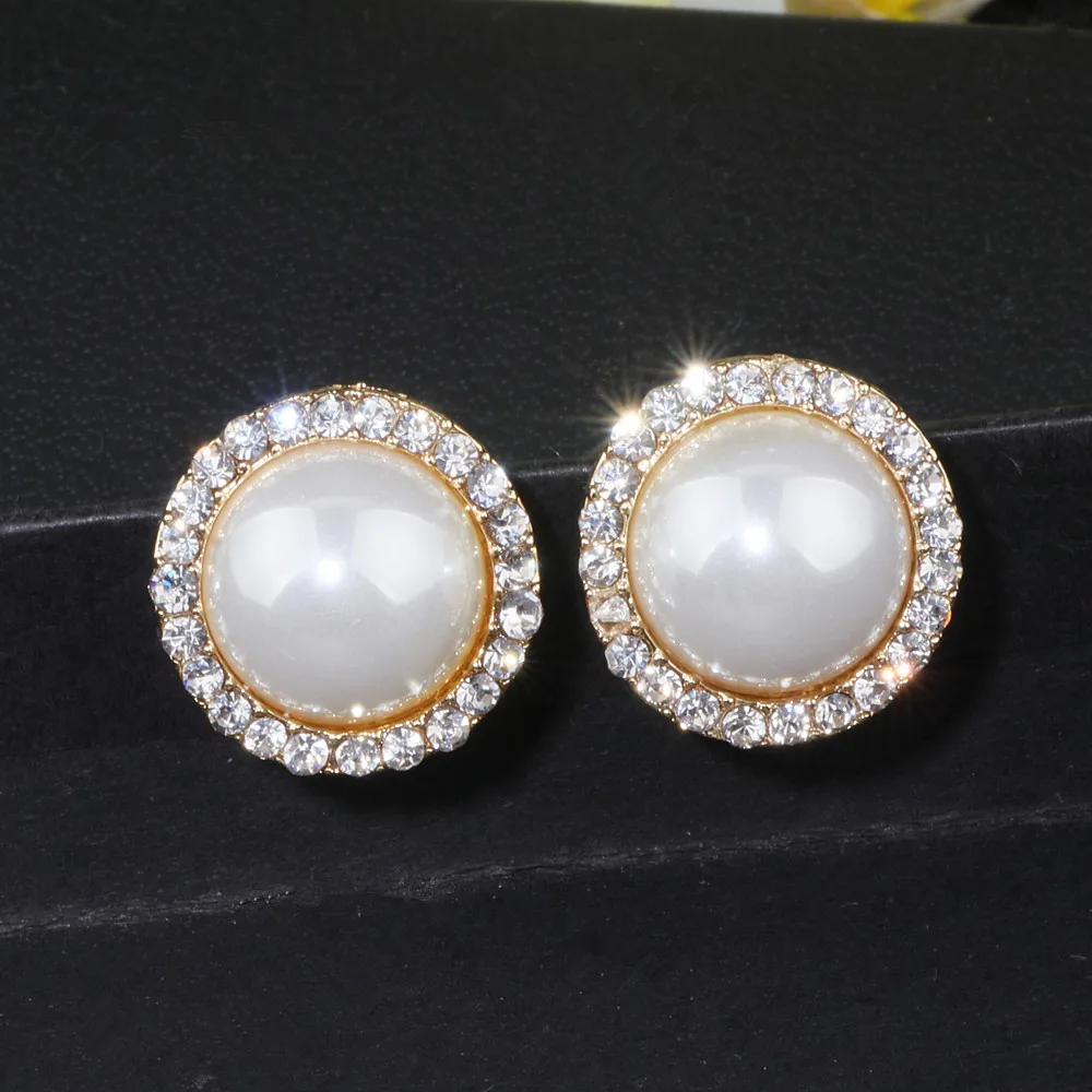 

Trendy Round Shape Simulated Pearl Stud Earrings For Women Elegant Gold Color Rhinestone Earrings Wedding Party Jewelry WX062