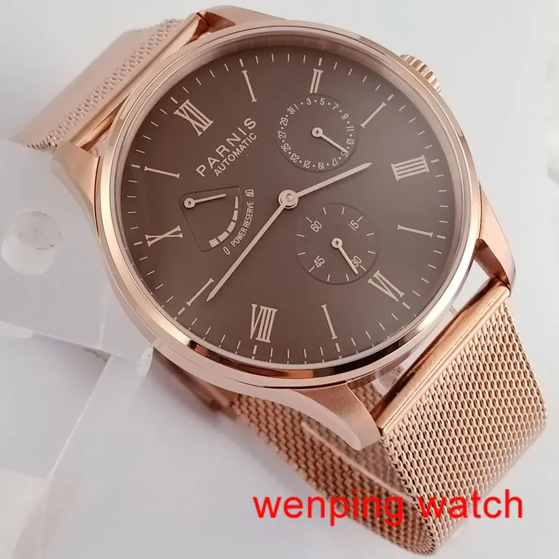 

44mm Parnis Watch Mens Rose gold Stainless Steel Automatic Watch Mechanical Wristwatch Mesh Strap 12/24 Hours