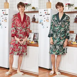 Удобные атласные для мужчин пижамы повседневное платья с принтом свободные Мужская Ночная рубашка халат кимоно халаты животные с длинным
