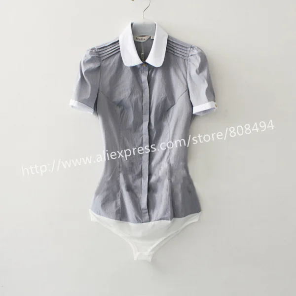 Мода г. Для женщин летние Блузки для малышек Повседневное короткий рукав тонкий небольшой полосатый офисные Средства ухода за кожей рубашка для дам сусла Топы корректирующие S-XL - Цвет: Серый