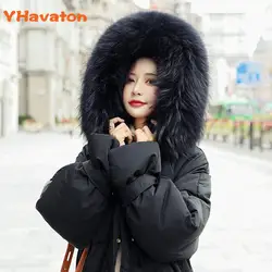 YHavaton большой мех зимнее пальто утолщенное женское стеганое тонкое длинное зимнее пальто вниз Дамская пуховая парка пуховик женский 2019