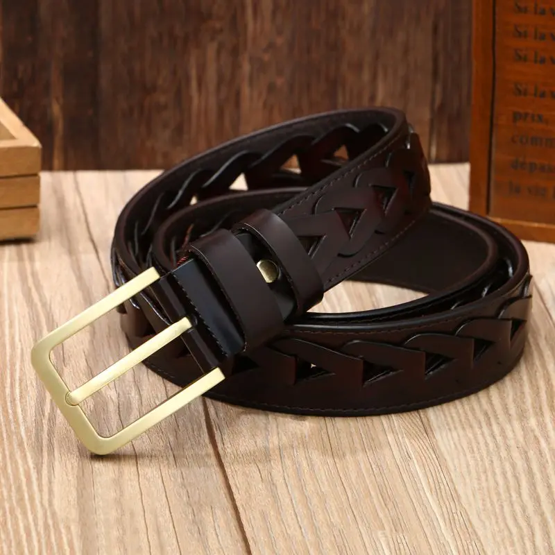 2018 moda hecha a mano cinturones de lujo hombres trenzado cinturón mujeres jeans cinturón de cuero genuino diseñador masculino Correa café 120 cm