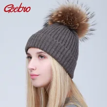 Geebro/женские шерстяные зимние трикотажные изделия, теплые кашемировые шапочки с помпон из меха енота, Женские однотонные шапки со стразами JS286