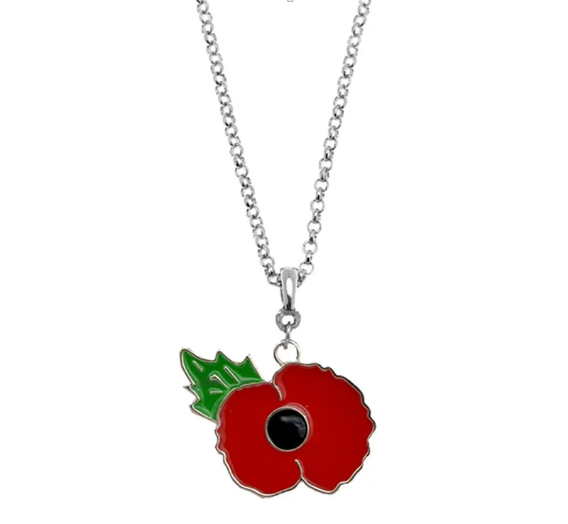 

Silver Tone Red Enamel Poppy Flower Pendant Necklace Jewelry with Leaf