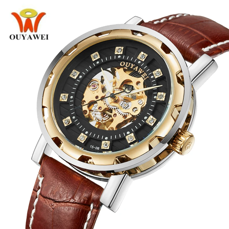 

OUYAWEI 2017 New Mechanical Hand Winding Watches Men Golden Bezel Skeleton Design Fashion Males Clock Brown Leather erkek saat