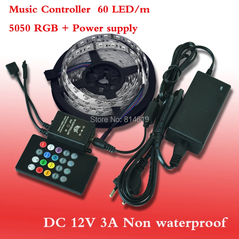 

RGB Led Strip 5050 SMD 60LED/M 5M 300Led Non-waterproof 12V 3A Power Supply 20Keys IR music Remote Controller free shipping