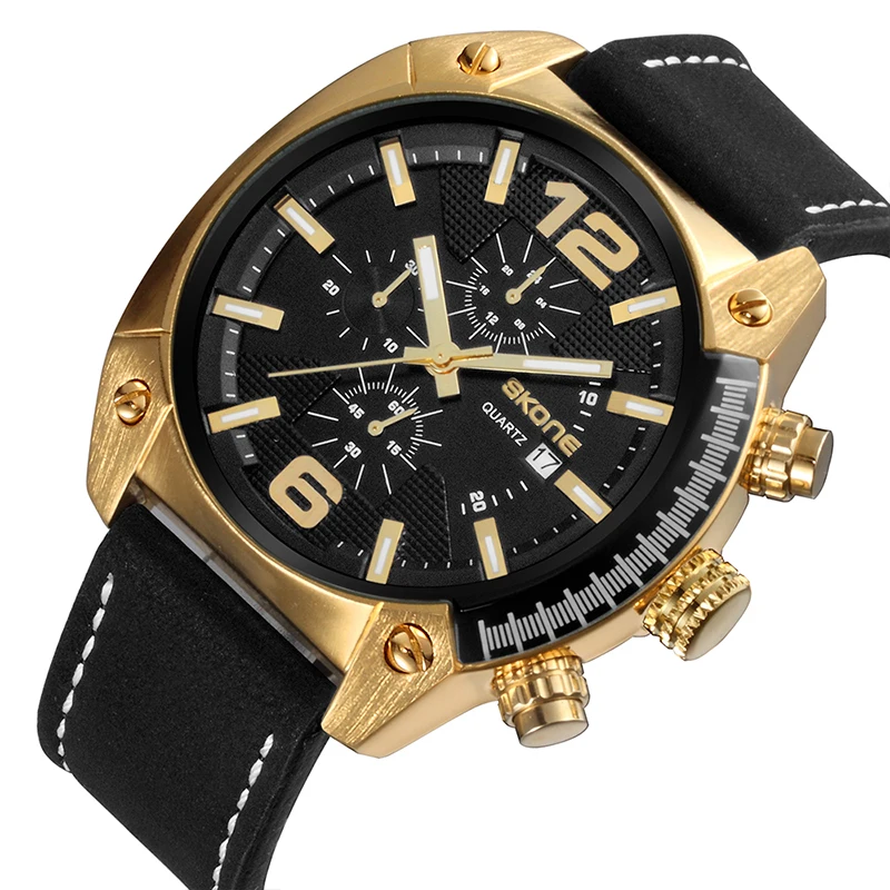 

SKONE Top Luxury Business Watch Men Quartz Analog Clock Leather Strap Chronograph Design Leather Strap Mens Watches Luxury Watch