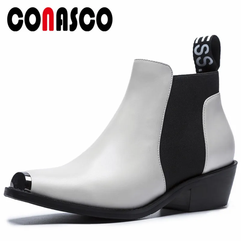 

CONASCO 1New Women Party Wedding Chelsea Boots Genuine Leather Autumn Winter Shoes Metal Decoration Sexy Retro Shoes Woman