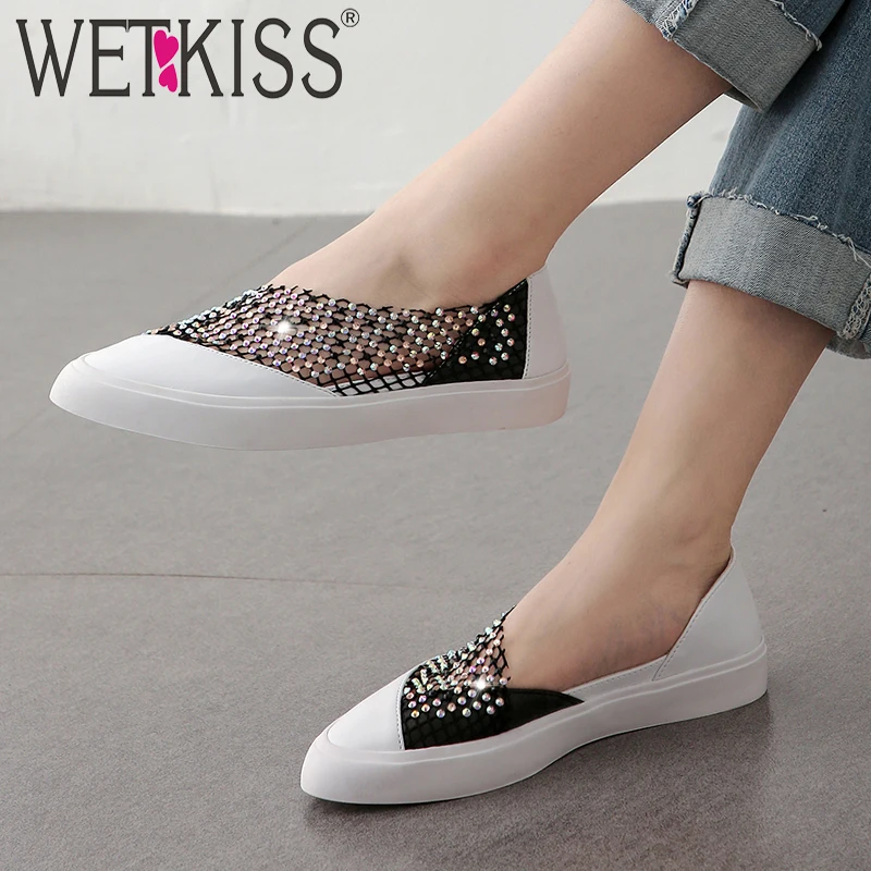 

WETKISS Mesh Crystal Flats Women Leather Platform Shoes Woman Pointed Toe Shoes Female Fashion Casual Shoes Ladies Autumn White