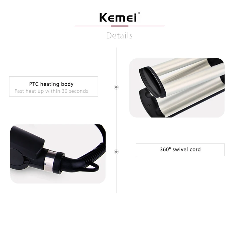 Kemei Hair Styler Professional Big Wave Curling Iron Wand Ceramic 3 Barrels Egg Rolls Hair Curlers Wave Iron Volume Styling Tool