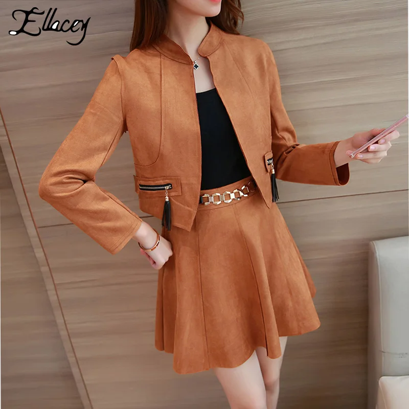 suede skirt and jacket set