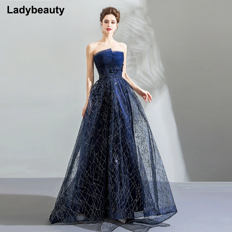 Женское бальное платье без бретелек Ladybeauty элегантное темно-синее с вышивкой и