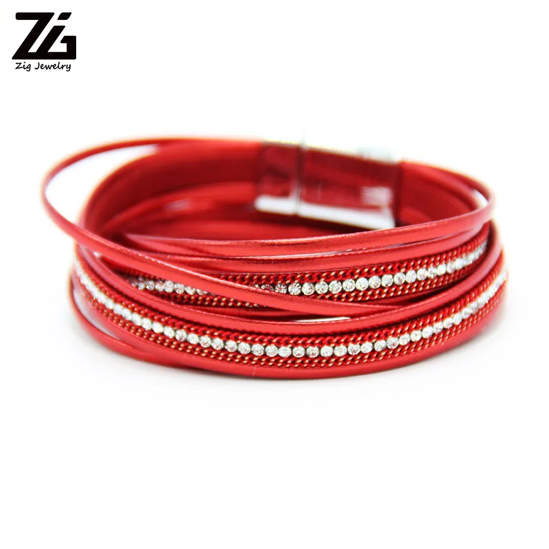 

ZG Multilayer Leather Bracelets for Women Femme 6 Colors Magnet Clasp Crystal Bohemian Double Wrap Bracelet Jewelry