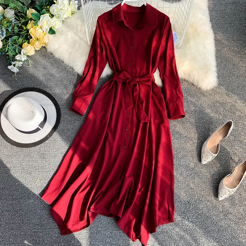 

2019 Spring Dress New Retro Pure Color Long-sleeved High Waist Irregular Casual Dress Woman Elegant Vestidos E625