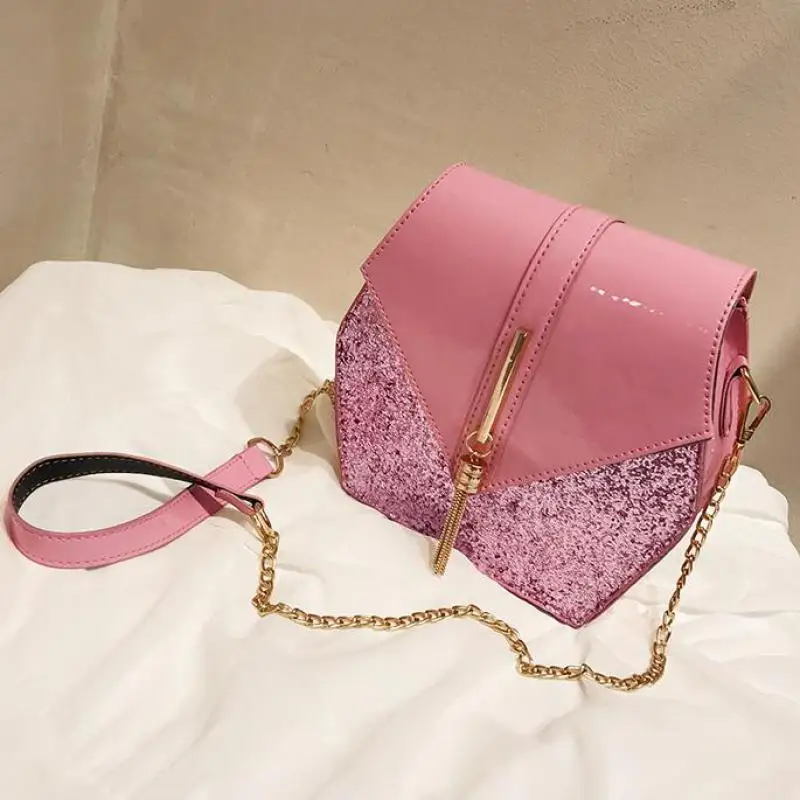 

Fashion Wild Sequin Shoulder Bag New Korean Version Of The Patent Leather Glossy Chain Shoulder Messenger Bag A53