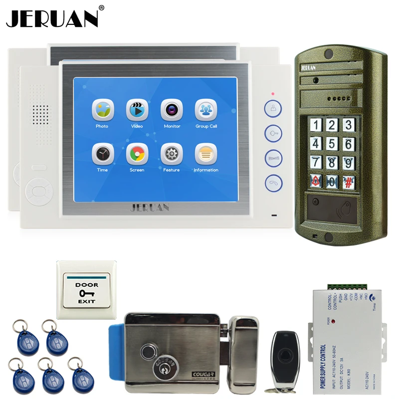 JERUAN 8`` Video Door Phone Record Intercom System kit 2 Monitor +NEW Waterproof Password HD Mini Camera +Electric Control Lock