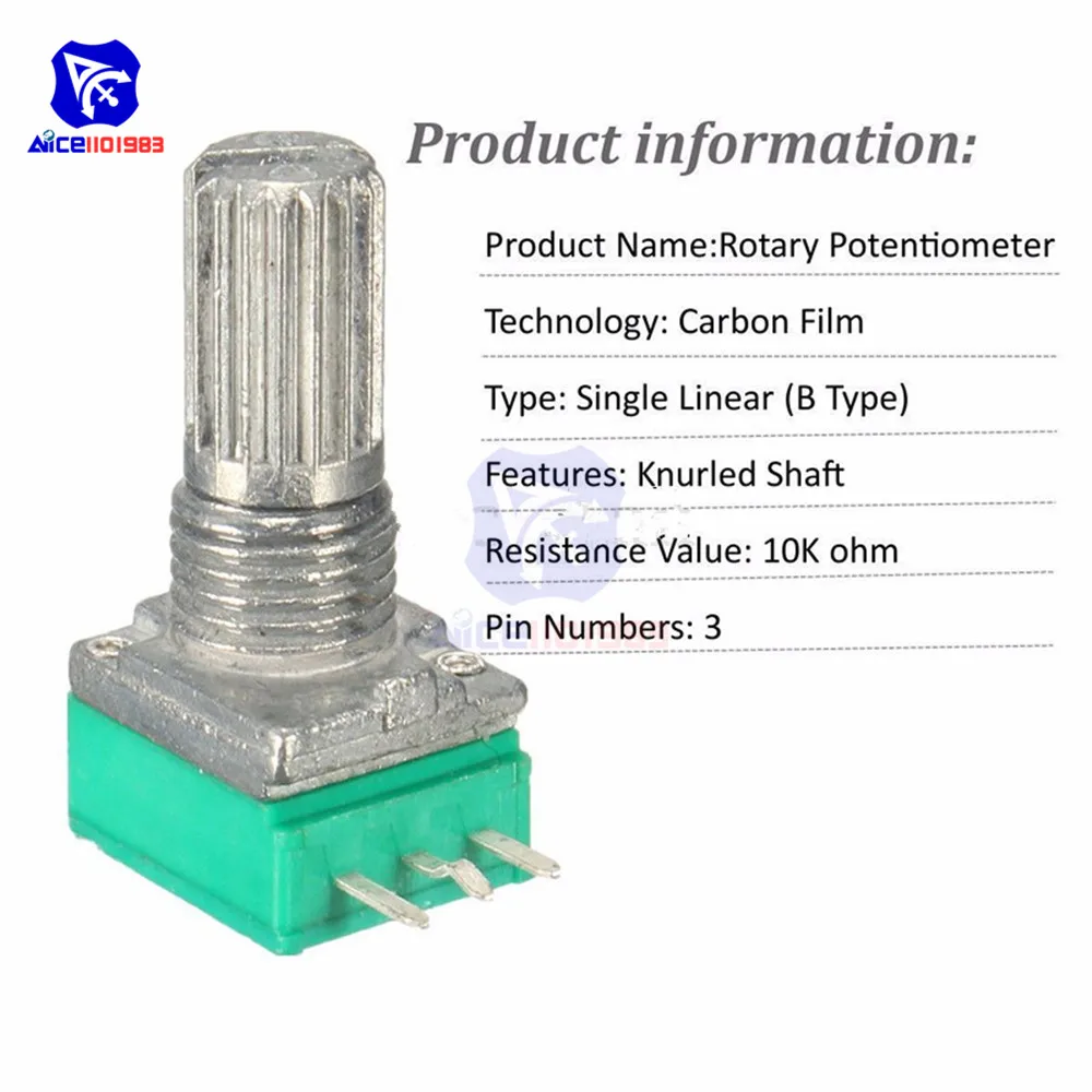 15mm 5K 10K 20K 50K 100K 500K Ohm 3 Pin Single Linear Rotary Potentiometer 6mm Knurled Shaft for Arduino 5PCS/Lot