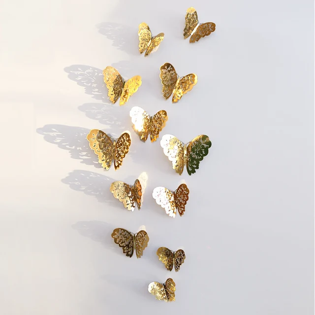 12Pcs 3D Hollow Butterfly Wall Sticker For Home Decoration DIY Wall Stickers For Kids Rooms Party Wedding Decor Butterfly Fridge gold1