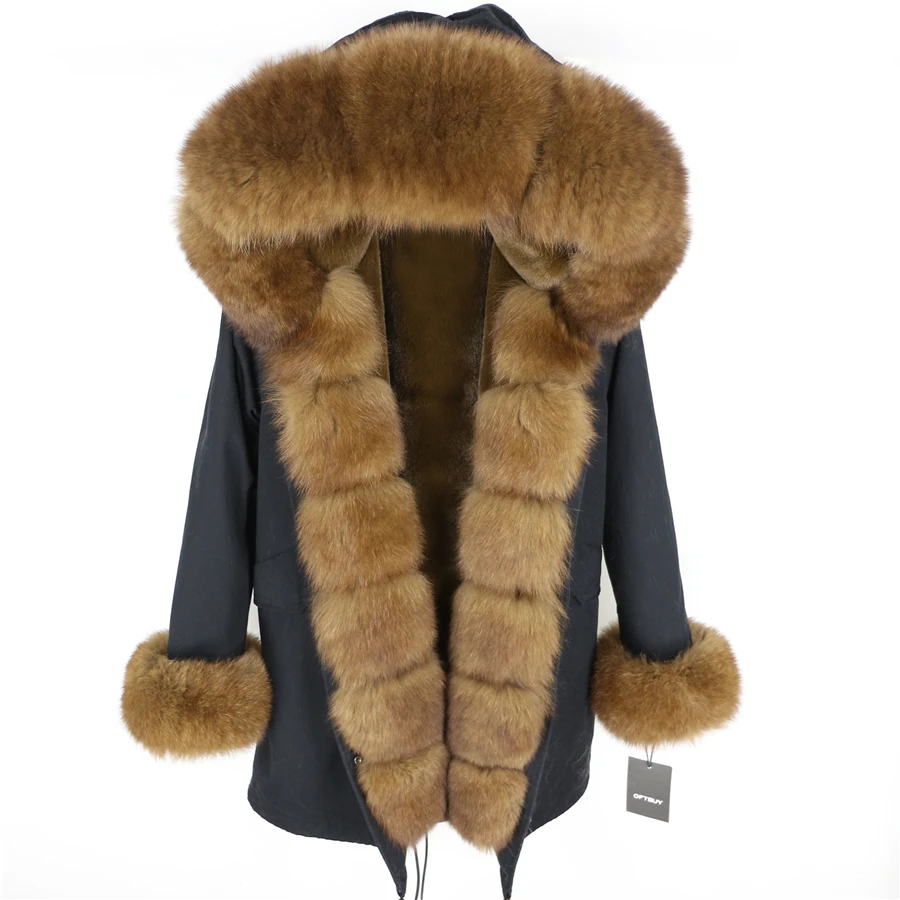 OFTBUY новая зимняя куртка для женщин, пальто из натурального меха, Воротник из натурального Лисьего меха, длинная парка, Большая Меховая верхняя одежда, съемная уличная одежда - Цвет: black brown