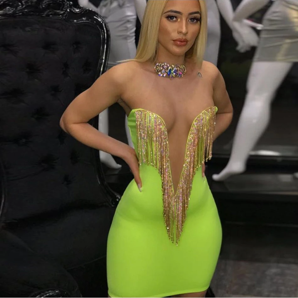 Summer New Women Fashion Sexy Bandage Dress Fluorescent Green Spaghetti Mini Dress Celebrity evening Party Vestidos