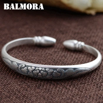 

BALMORA 999 Pure Silver Flower Open Bangles for Women Mother Gift about 17cm Bracelet Silver Jewelry Pulsera Accessories