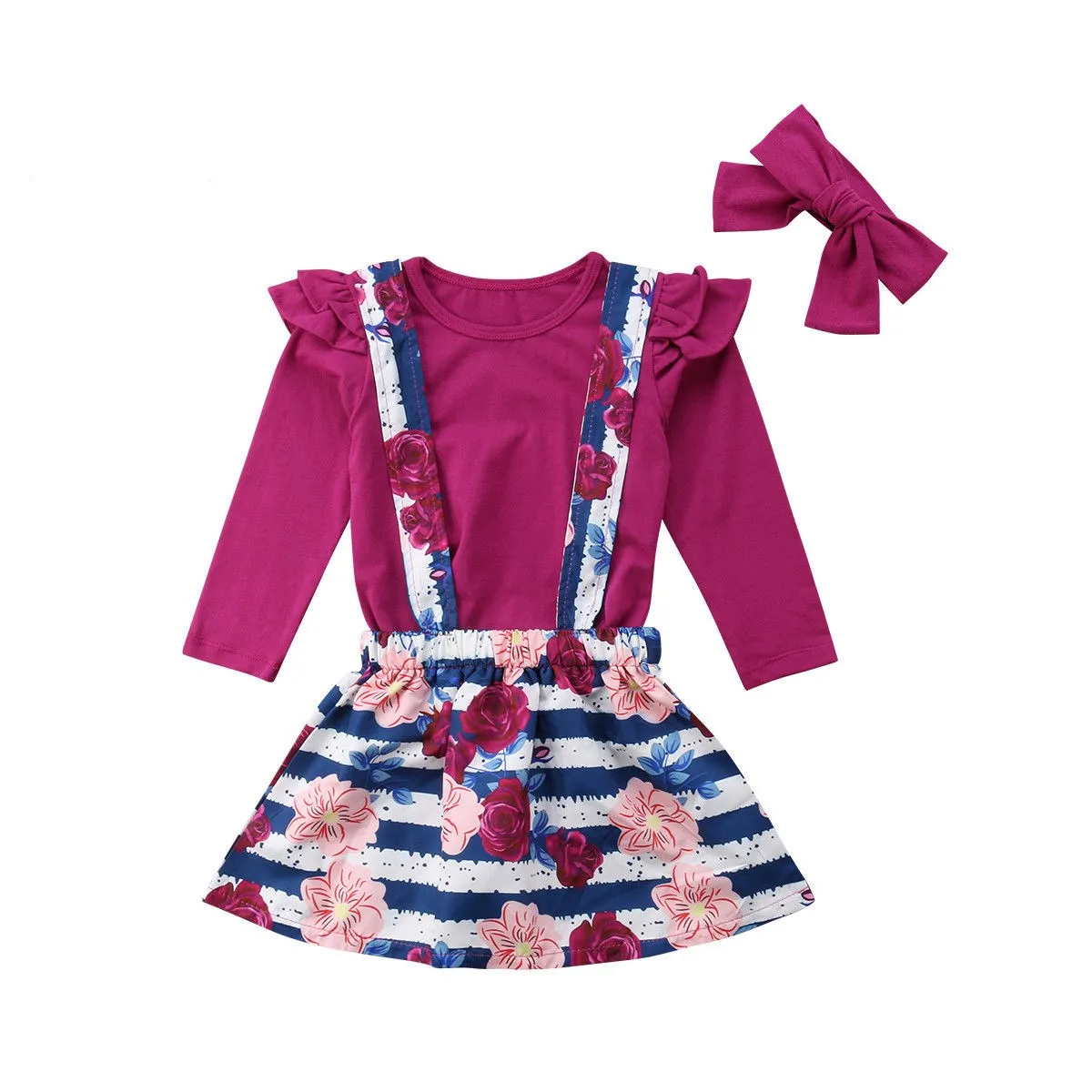 Toddler Baby Girl Kids Lovely Ruffle T Shirts Floral Suspenders Skirt Set Outfits