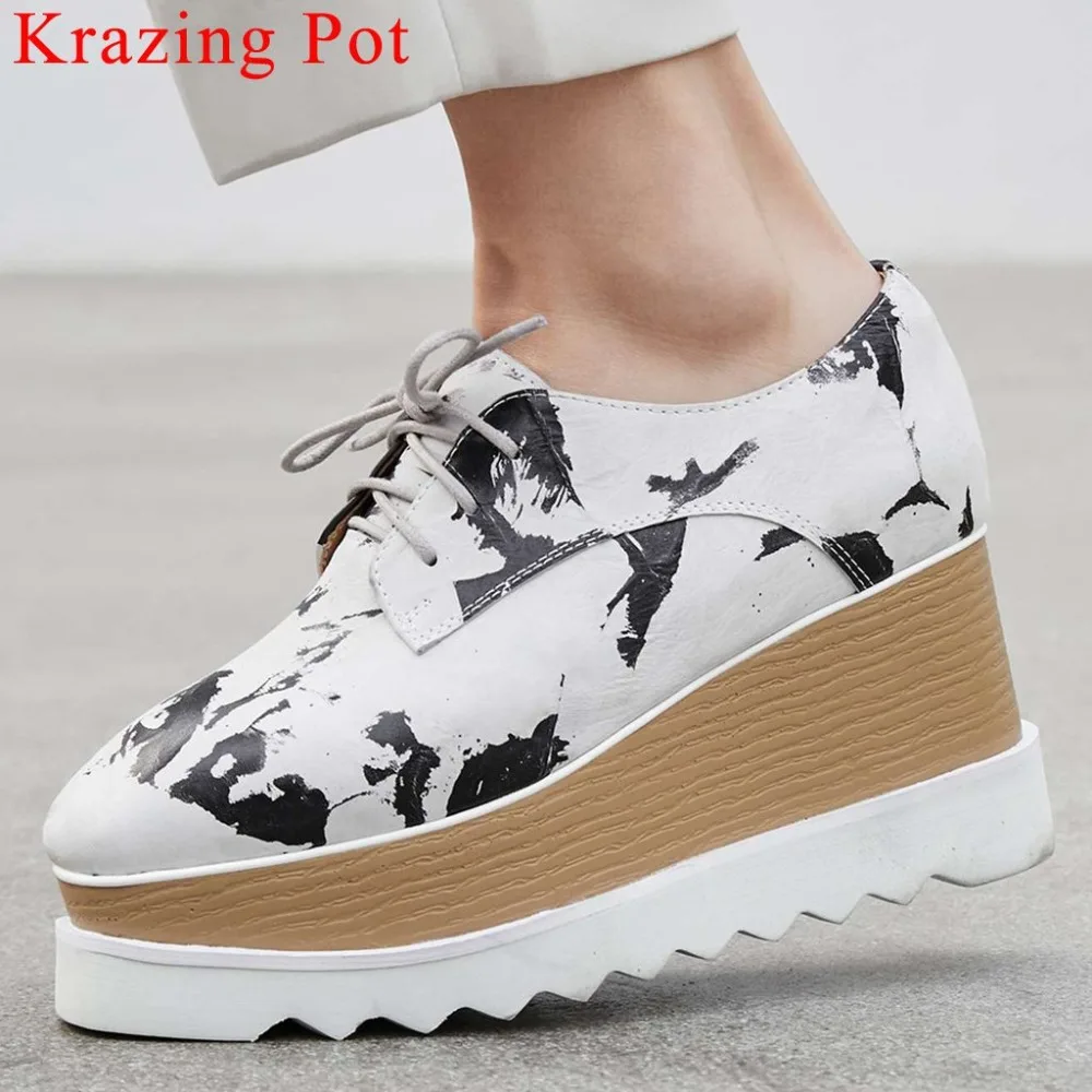 

2019 punk style wedges high bottom high quality concise style lace up large size pumps cow leather vintage square toe shoes L03