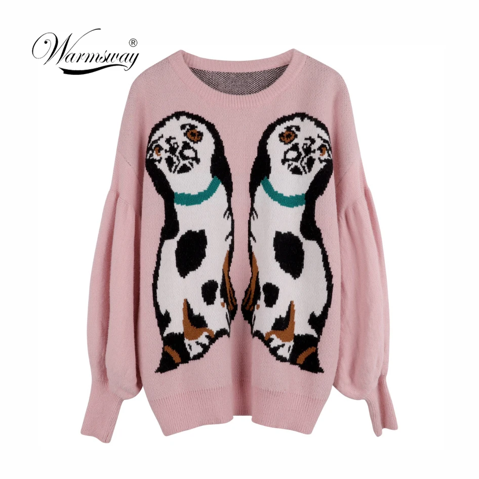Pull Femme 2018 Winter Autumn Oversized Knitted Sweater Women Lantern Sleeve Dog Animal Basic Thicken Pullovers C-435