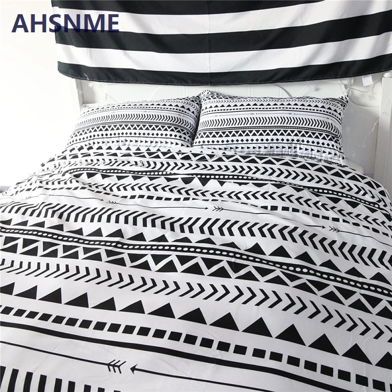 AHSNME الأسود أنماط هندسية المنزل الفراش مجموعة الأبيض أغطية سوبر لينة غطاء ل السرير غرفة نوم الملكة الملك drap دي مضاءة