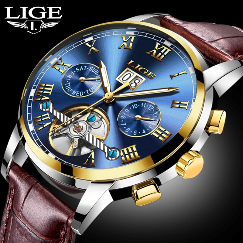 جديد الموضة ييج ماركة الساعات الفاخرة الرجال التلقائي الميكانيكية ووتش رجال الرياضة للماء الساعات الجلدية relogio masculino