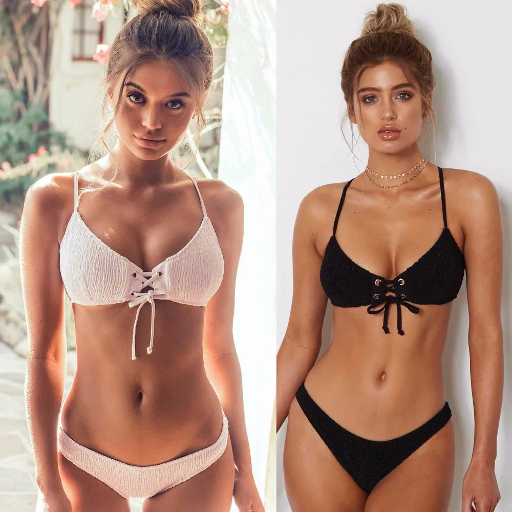 

2018 Women Bikini Set Sexy Padded Bra Solid Pleated Beachwear Swimsuit Swimwear maillot de bain femme Bathing Suit Biquini C1776
