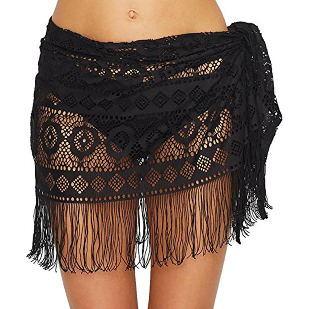 Women beach cover up knitting hollow out tassel Sexy Beach Skirt Sarong ...