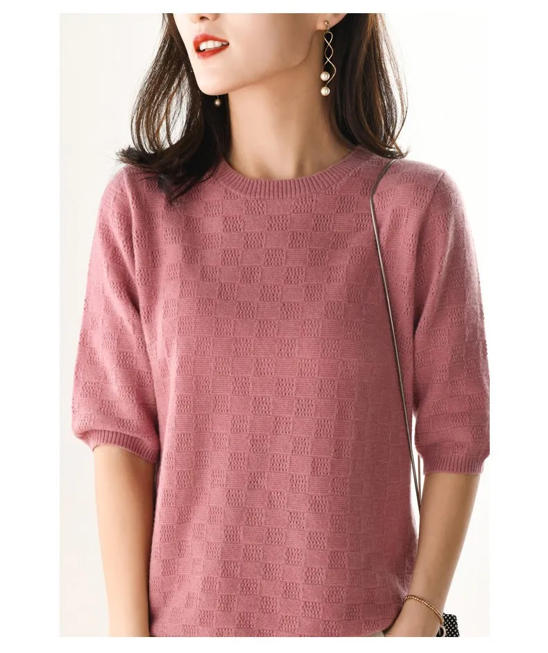 Женский трикотажный пуловер из шерсти с круглым вырезом и коротким рукавом, квадратная футболка, свитер, джемпер на весну и лето, высокое качество, чистый меринос