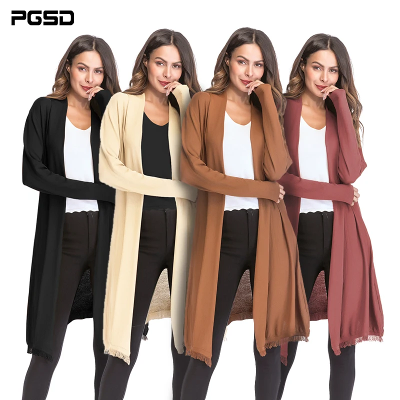 PGSD New Autumn Winter Women Clothes Simple Pure color tassel Long sleeved thin knitted sweater Long inverness cardigan female PGSD New Autumn Winter Women Clothes Simple Pure color tassel Long sleeved thin knitted sweater Long inverness cardigan female