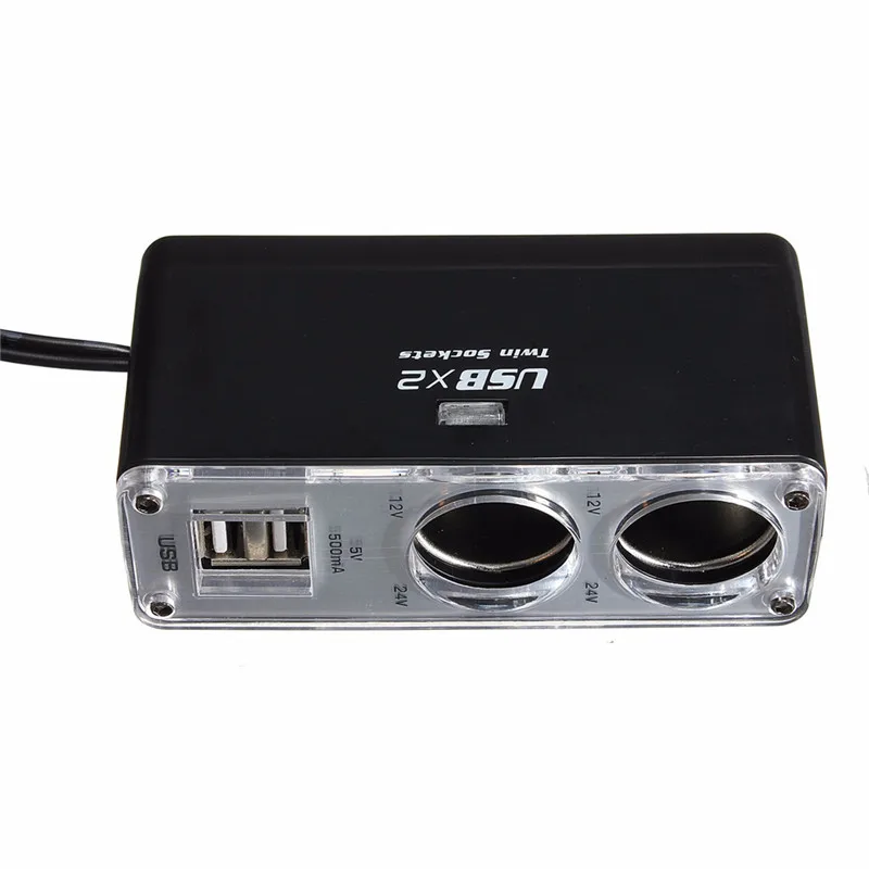 USB 2 порта 2 пути Автомобильный адаптер питания прикуриватель гнездо разветвитель адаптер зарядное устройство DC 12~ 24 В прикуриватель гнездо черный