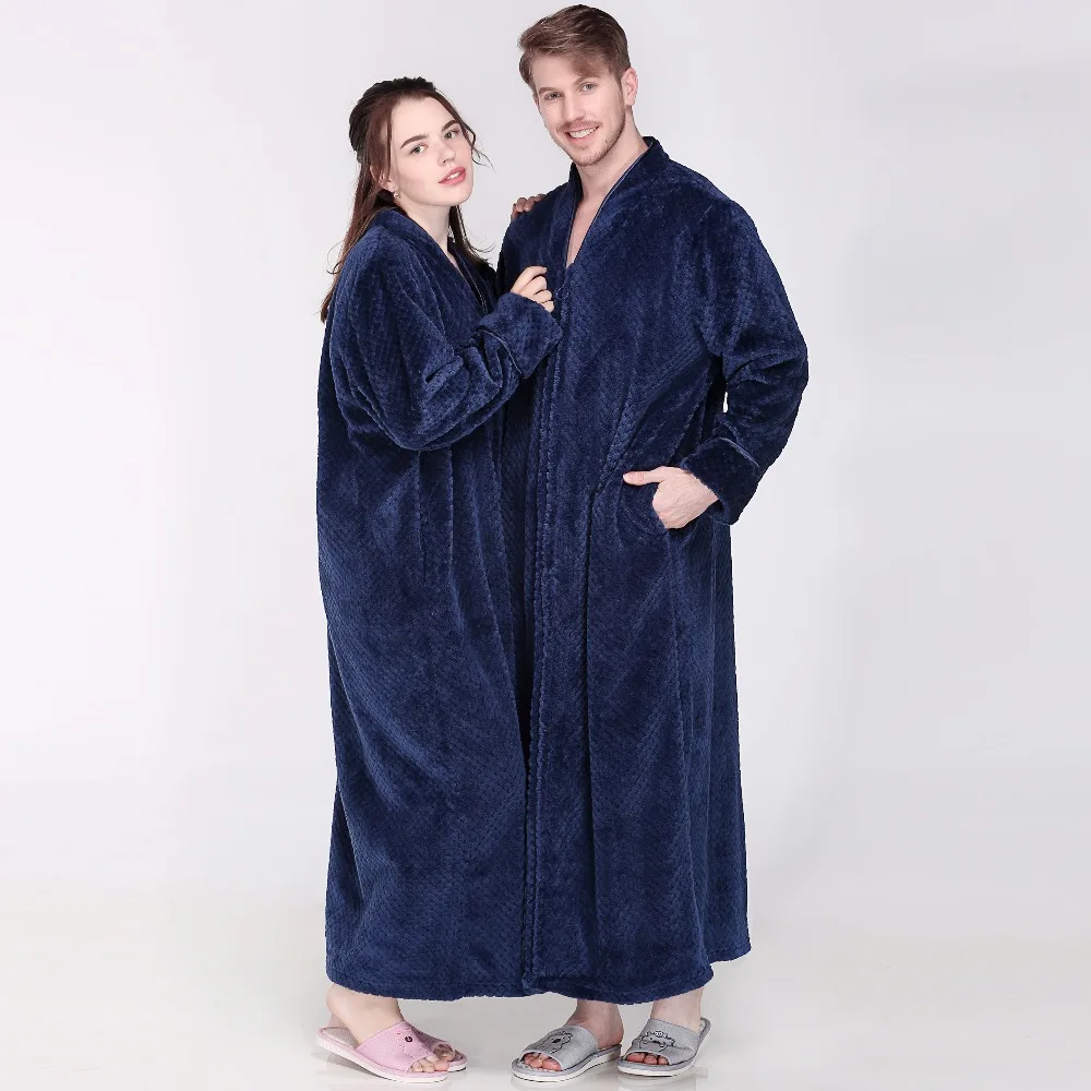 

Men Women Winter Zipper Extra Long Thicken Grid Flannel Warm Bath Robe Plus Size Soft Thermal Bathrobe Dressing Gown Male Robes