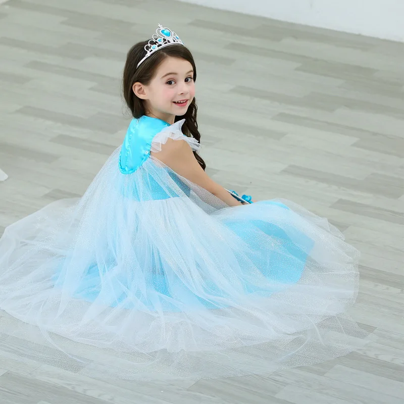 Необычные для маленьких девочек принцесса платье Эльзы с накидкой для девочек Костюмы одежда Косплэй Эльза костюм на Хэллоуин и Рождество вечерние корона синий