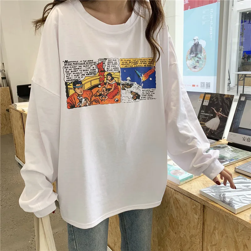 Женские футболки Bf Wind Harajuku, корейские свободные топы с круглым вырезом и длинным рукавом с буквенным принтом, студенческие весенние шикарные футболки с рукавами «летучая мышь»