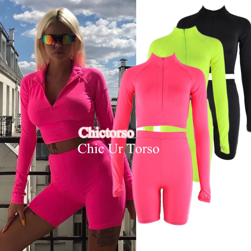 Chictorso Neon Two Pieces Swimsuit Grandma`s Swimwear Zip Front Cropped