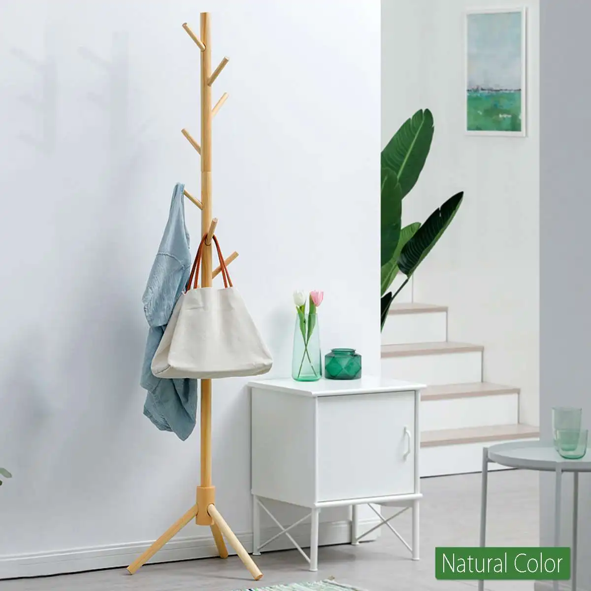 

8-Hooks Solid Wood Hanger Floor Standing Coat Rack Home Furniture Clothes Hanging Storage Rack Wood Hanger Bedroom Drying Rack