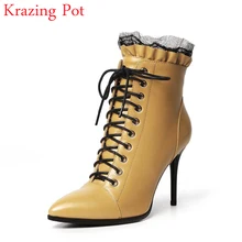 Модные зимние ботинки; женские ботильоны из натуральной кожи с острым носком, на шнуровке, на высоком каблуке; простой стиль; большие размеры; L82