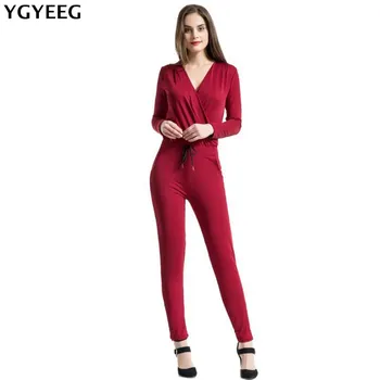 

YGYEEG 2018 Jumpsuit For Women Work Wear Elegant Ladies Long Sleeve Twin Pockets Jumpsuit Summer Plus Size M-XXL White Bodysuit