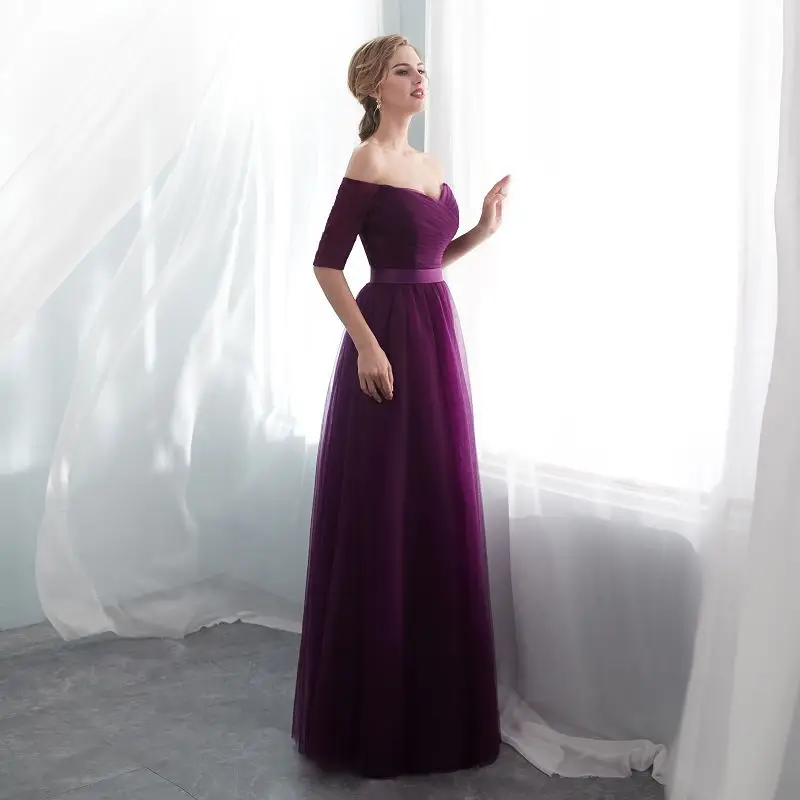 Elegant Burgundy Boat Neck Wedding Party Bridesmaid Dress