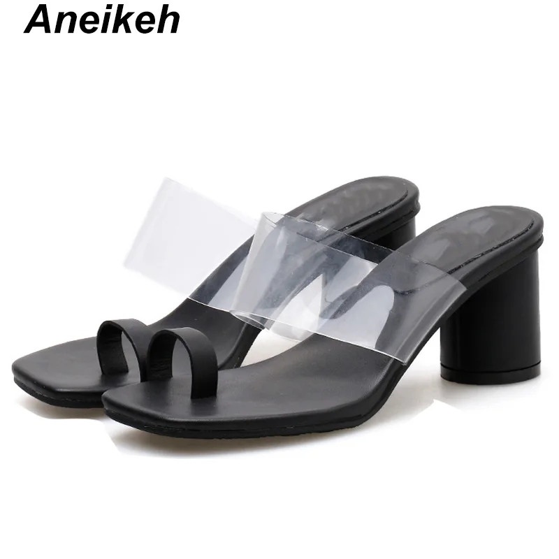 Aneikeh/ г.; летние модные прозрачные женские шлепанцы из искусственной кожи; однотонные вьетнамки на высоком квадратном каблуке; Повседневная Уличная обувь; цвет черный, белый; Размеры 35-39